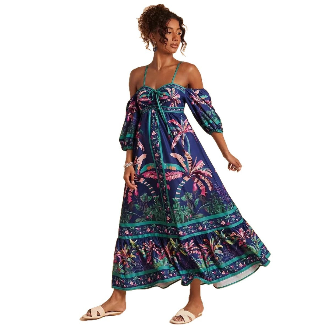 Women's maxi dress with off-shoulder design and tropical print Lune London