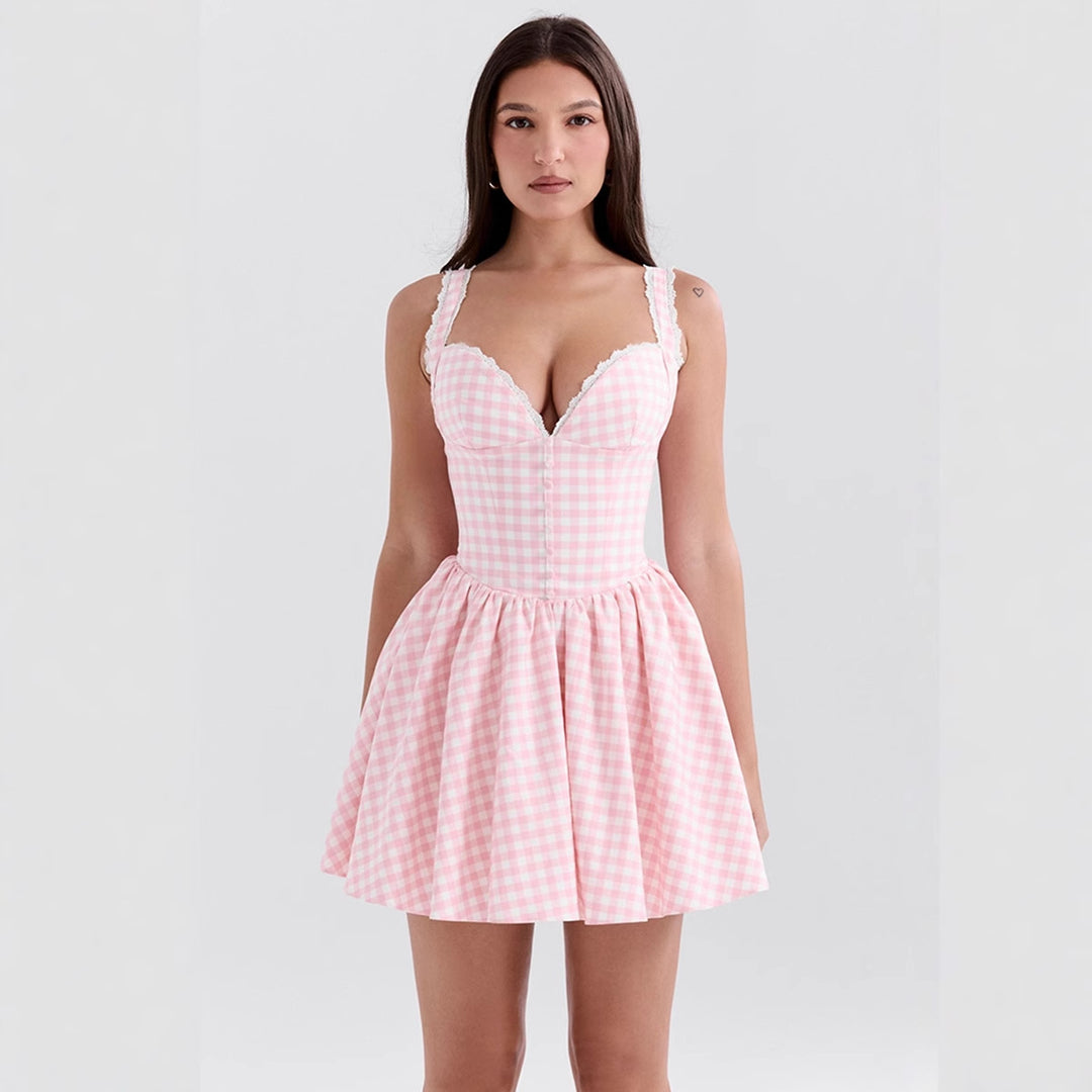Women's Playful Checkered Dress with Deep V-Neck and Ruffle Details Lisslune