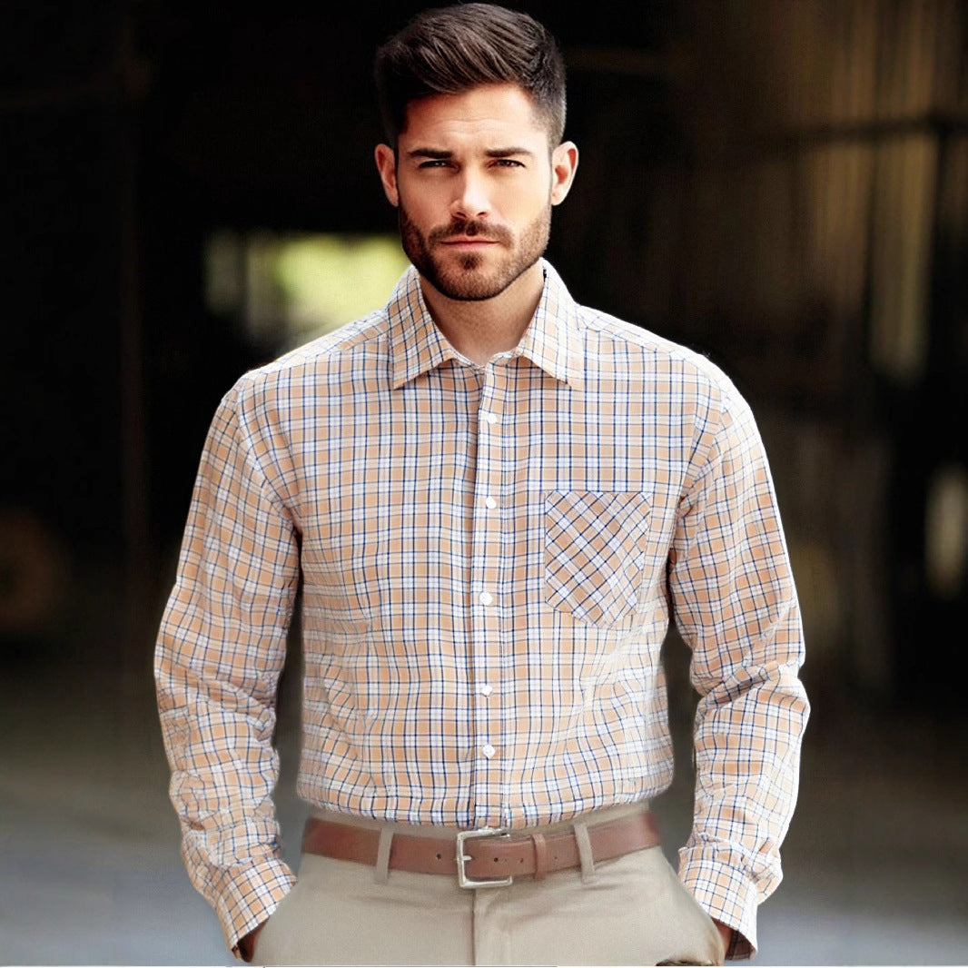 Men's fashionable long-sleeve shirt with checked pattern and chest pocket Lisslune