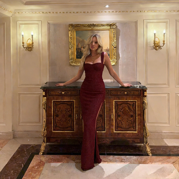 Ladies Glittering Evening Dress with Deep Neckline and Elegant Spaghetti Straps Lune London
