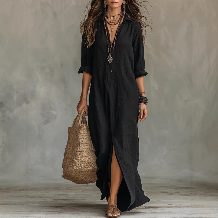 Women's Long Shirt Dress with Button Closure and Side Slit Lisslune