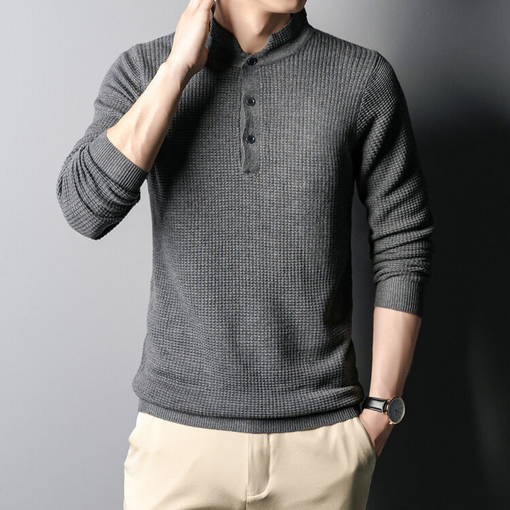 Men's Structured Long Sleeve Sweater with Button Placket Lisslune