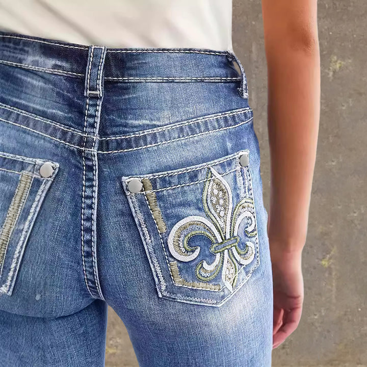 Women's Flared Jeans in Vintage Style with High-Grade Detail and Refined Embroidery Lisslune