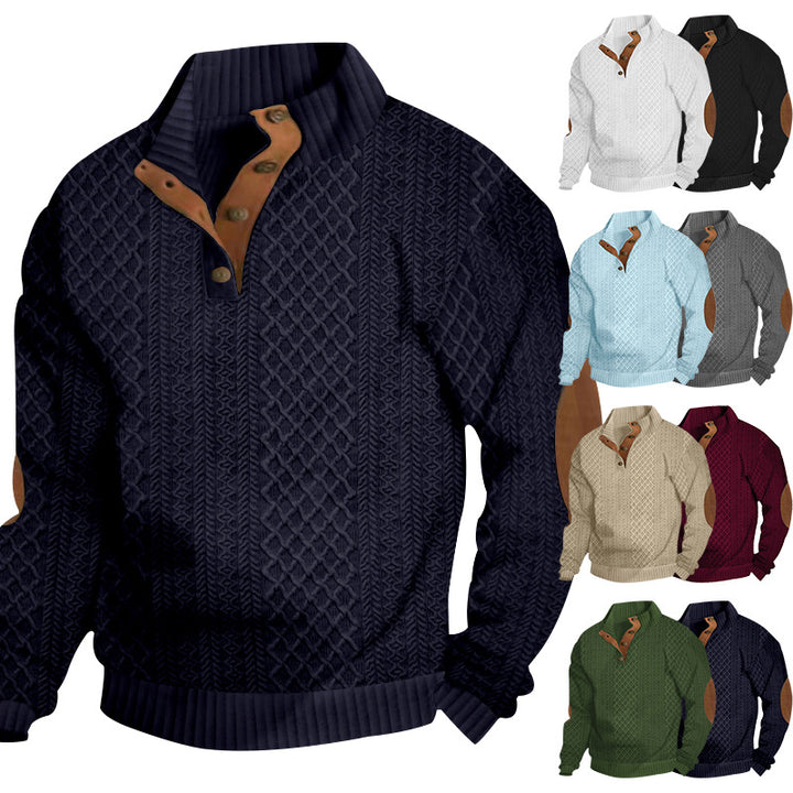 Men's knit sweater with innovative stand-up collar and modern leather appliqués Lisslune