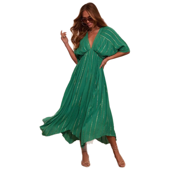 Women's maxi dress with high V-neck and flowing pleats