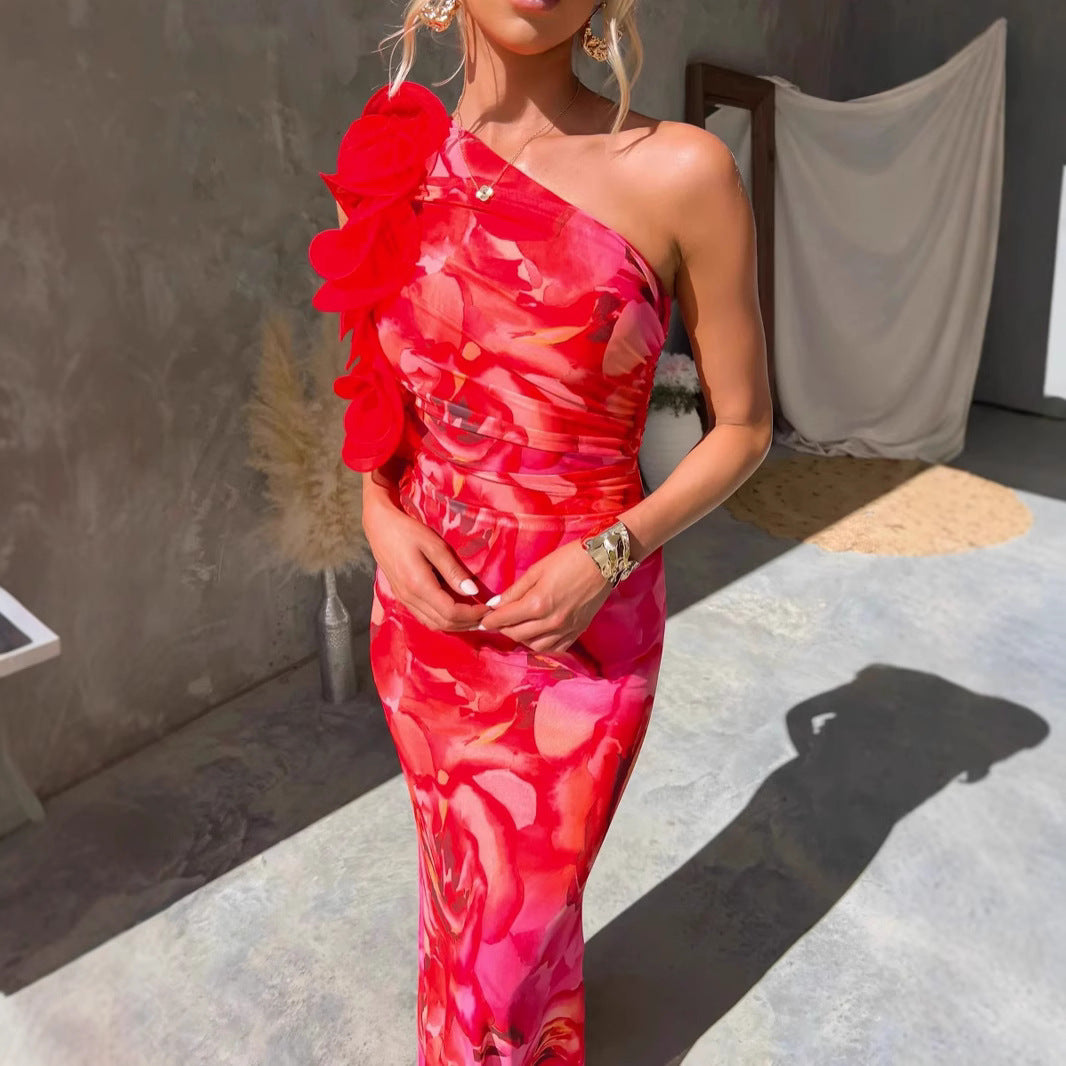 Women's Elegant Evening Dress with Asymmetrical Ruffle Design and Slim Cut