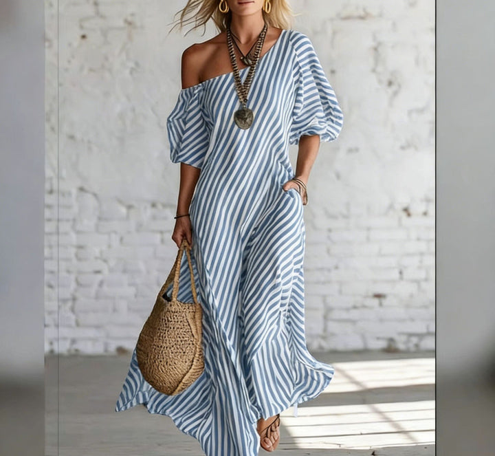 Women's maxi dress with asymmetrical cut and striking stripes Lisslune