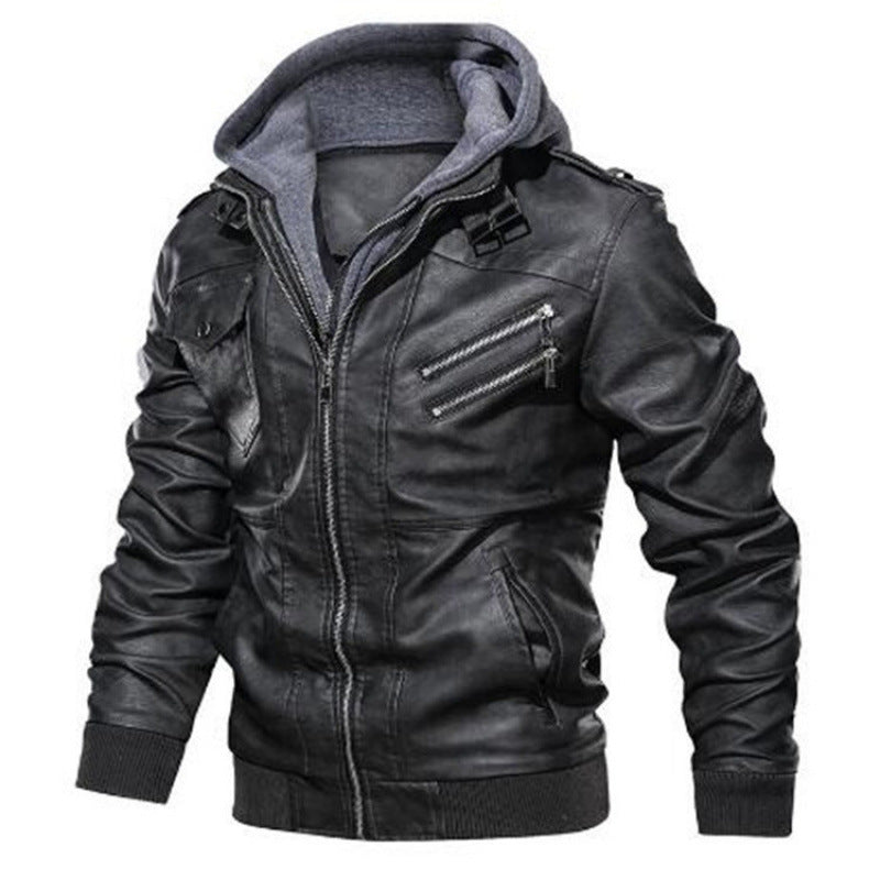 Men's leather jacket in modern biker style with removable hood Lisslune
