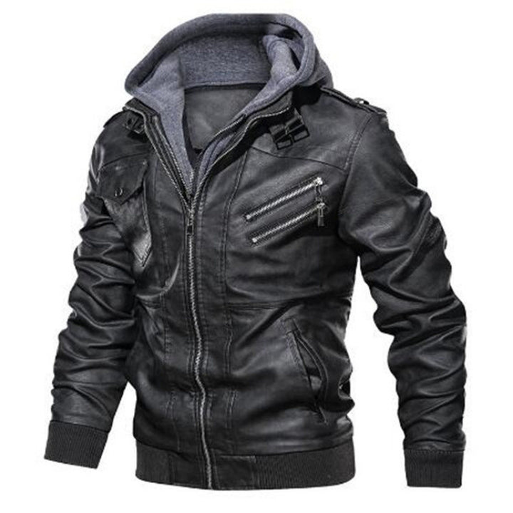 Men's leather jacket in modern biker style with removable hood Lisslune