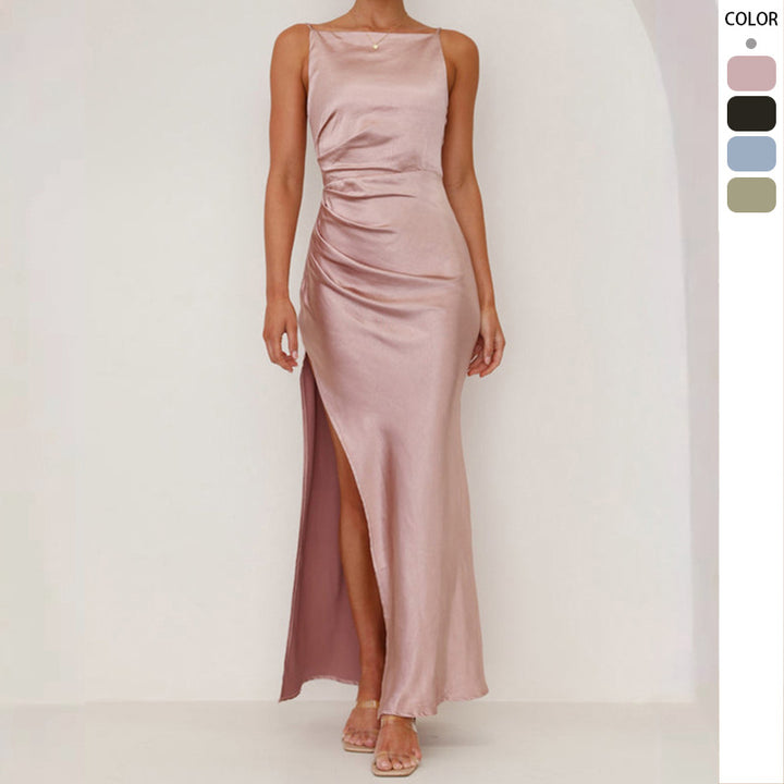 Women's Elegant Satin Maxi Dress with Side Split and Slim Spaghetti Straps