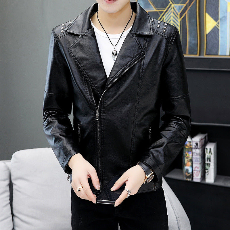Men's fashionable synthetic leather jacket with decorative studs and zipper Lisslune