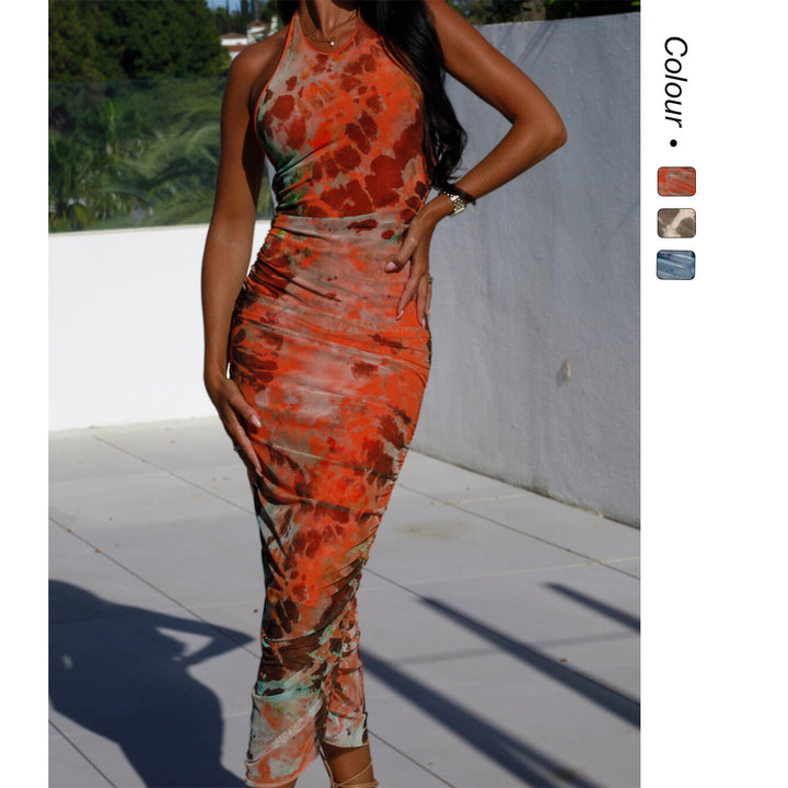 Women's fitted maxi dress with elegant wrap design and modern tie-dye pattern