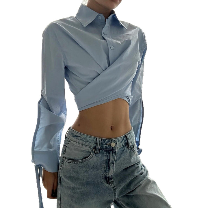 Ladies Cropped Shirt Blouse with Innovative Wrap Design and Long Sleeves Lisslune