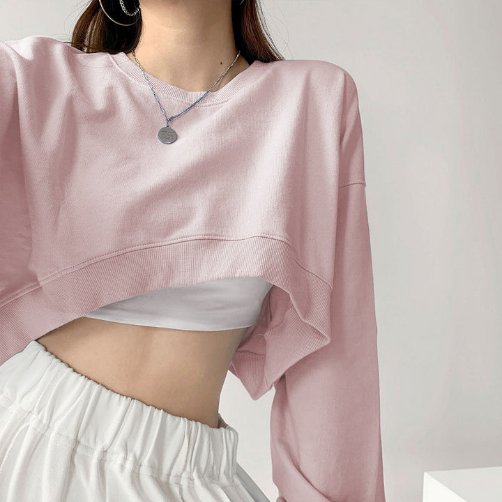 Women's Casual Crop Sweatshirt with Loose-Fitting Sleeves and Fashionable Cut