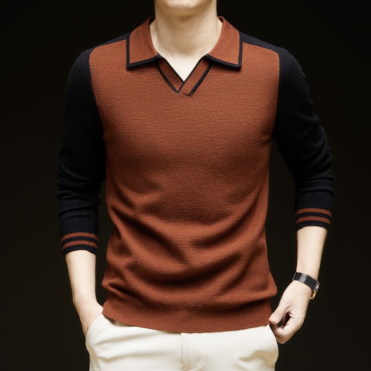 Men's fine-knit pullover with V-neck and fashionable contrast design Lisslune