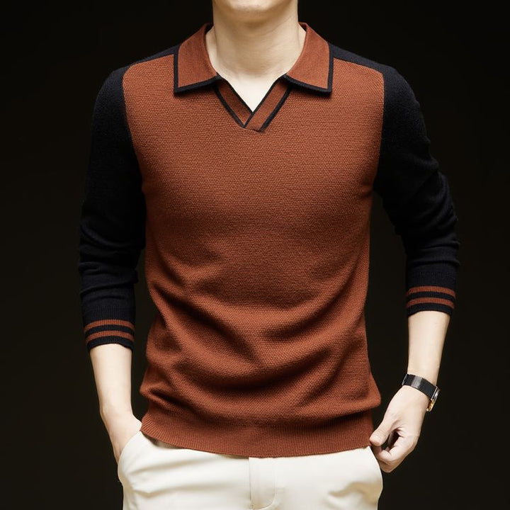 Men's fine-knit pullover with V-neck and fashionable contrast design Lisslune