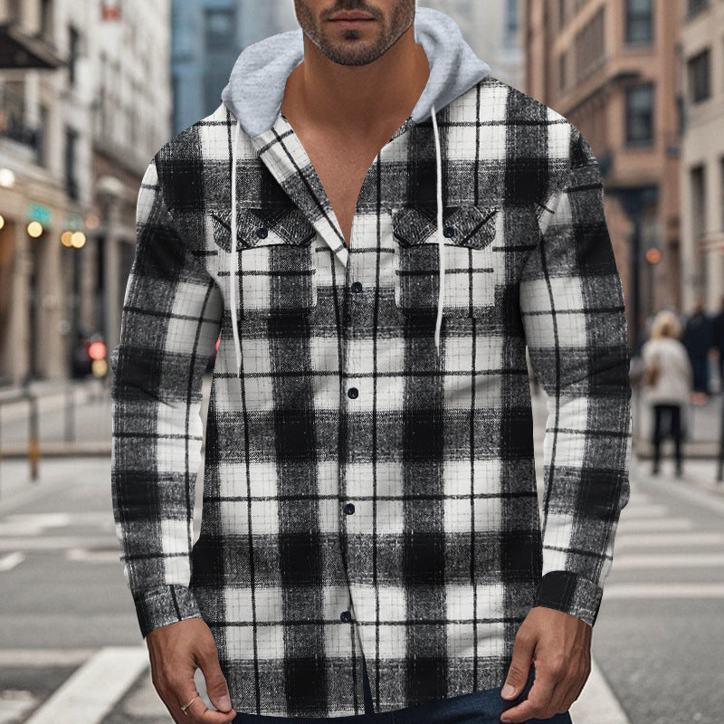 Men's Checkered Shirt Jacket with Hood and Practical Pockets Lisslune