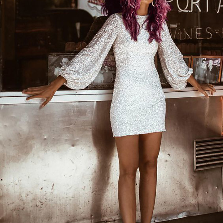 Women's Sparkling Mini Dress with Slim Fit and Long Sleeves