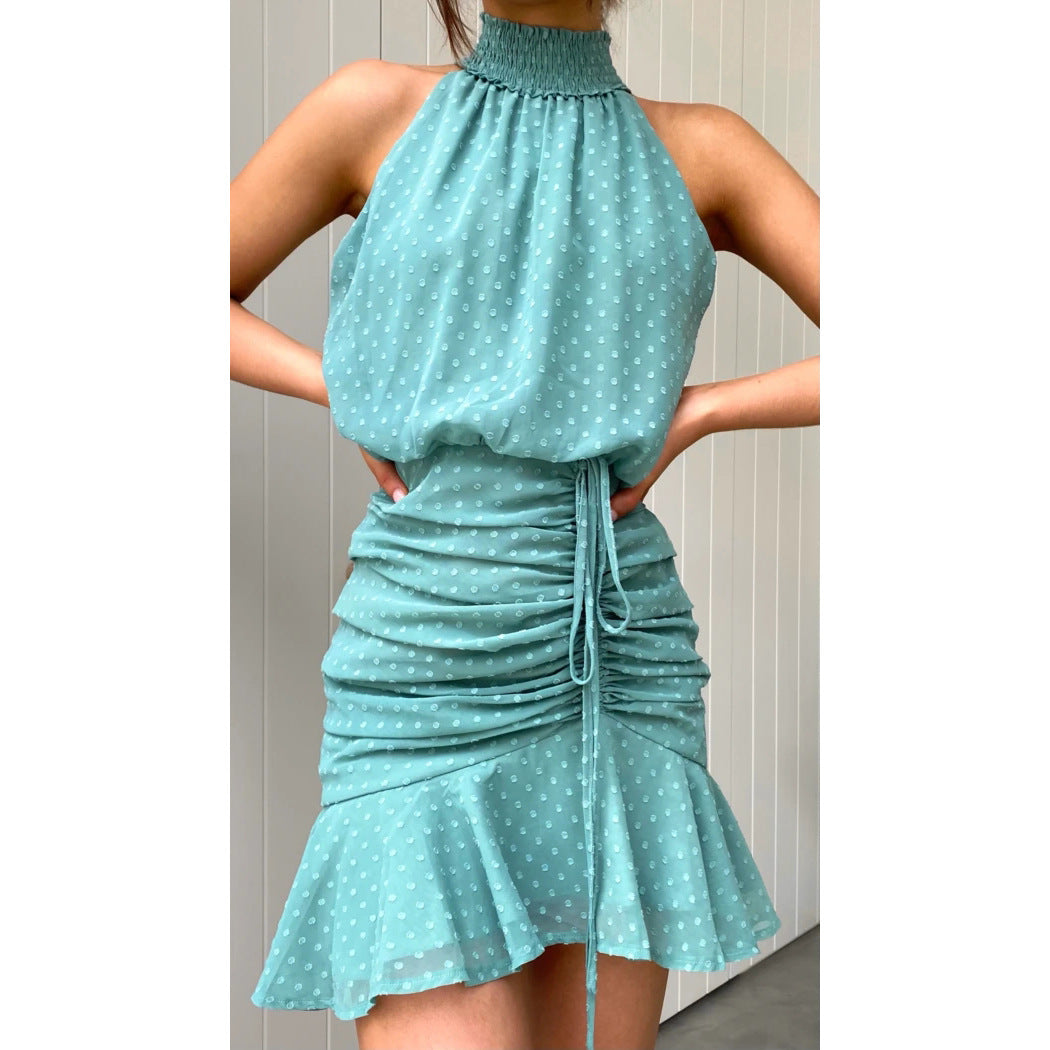 Women's mini dress with luxurious collar, side gathering, and flowing skirt