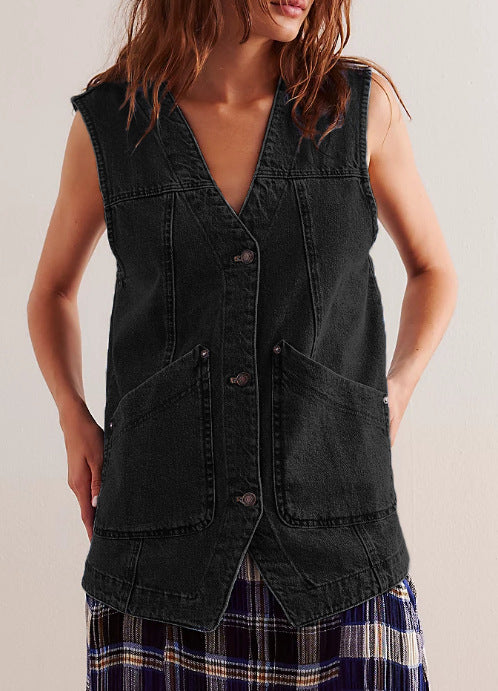 Women's denim overalls jacket with practical pockets and stylish V-neck Lisslune