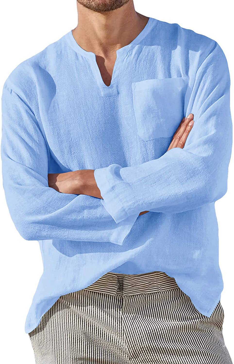 Men's linen shirt with casual V-neck and practical chest pocket Lisslune