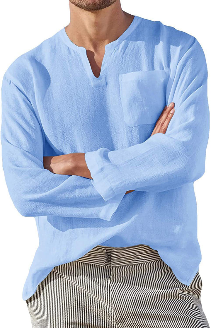 Men's linen shirt with casual V-neck and practical chest pocket Lisslune