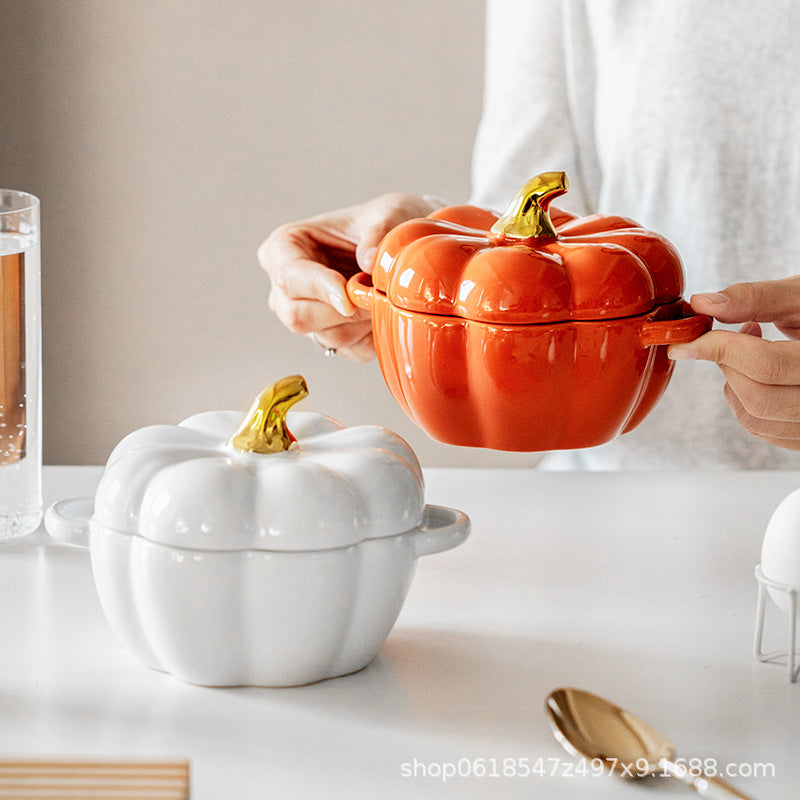 Rynx | Autumn decoration ceramic bowl with lid stew bowl pumpkin bowl household kitchen kids soup bowl steamed egg salad bowl dish rice bowl logo
