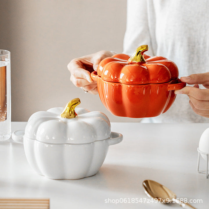 Rynx | Autumn decoration ceramic bowl with lid stew bowl pumpkin bowl household kitchen kids soup bowl steamed egg salad bowl dish rice bowl logo