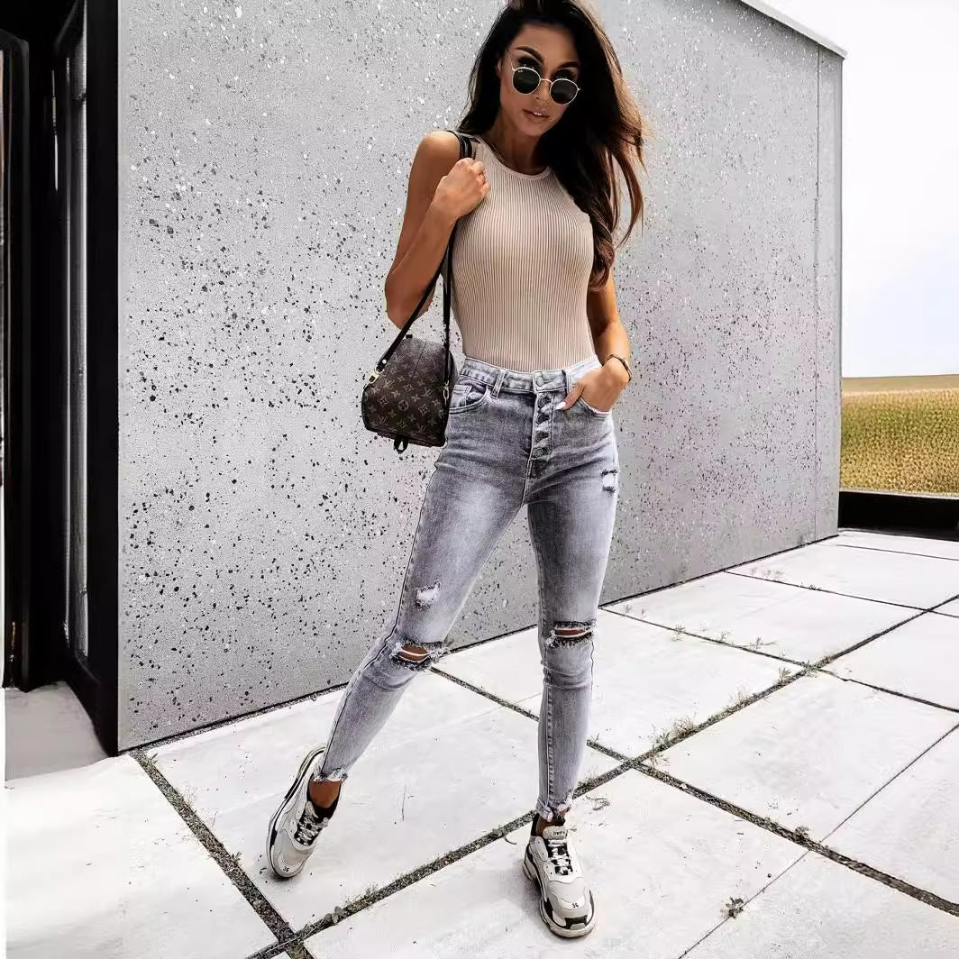 Women's Skinny Jeans with High Pockets and Trendy Distressed Details Lisslune