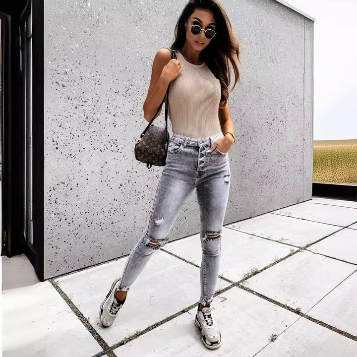 Women's Skinny Jeans with High Pockets and Trendy Distressed Details Lisslune
