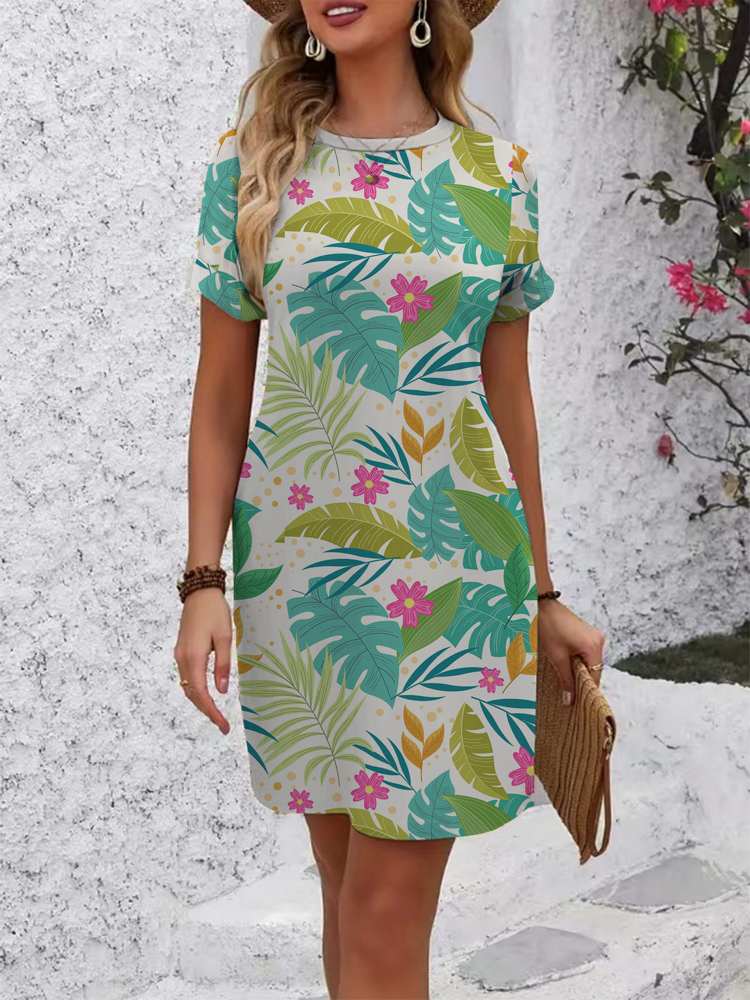 Women's casual short-sleeve dress with modern houndstooth pattern and comfortable fit Lisslune