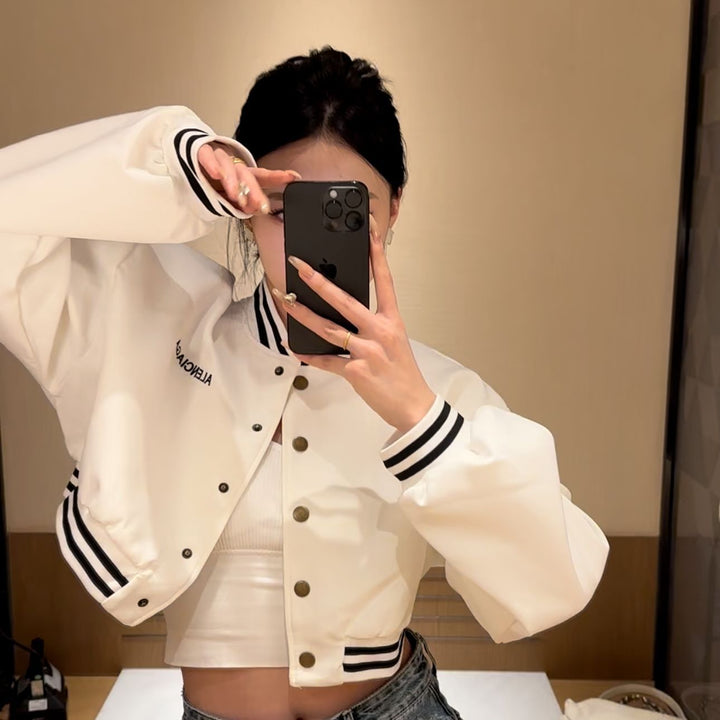 Women's casual cropped bomber jacket with contrasting stripes and snap buttons Lisslune