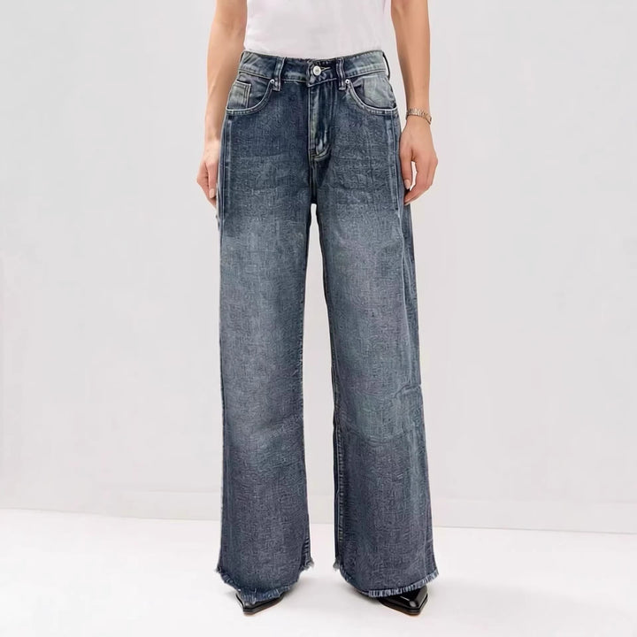 Damen weite Denim-Jeans mit kreativem Muster und fransigem Saum Lisslune