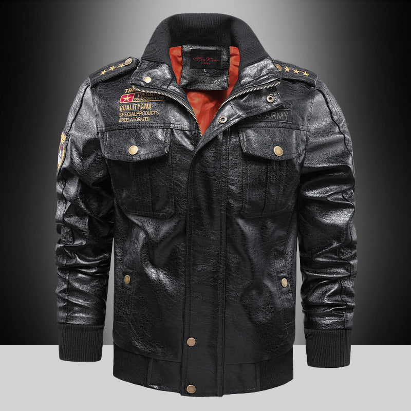 Men's Synthetic Leather Jacket with Military Design and Practical Pockets Lisslune