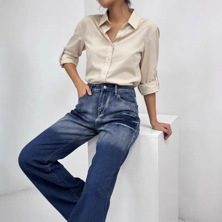 Damen weite hochgeschnittene Jeans mit besonderem Waschungseffekt Lisslune