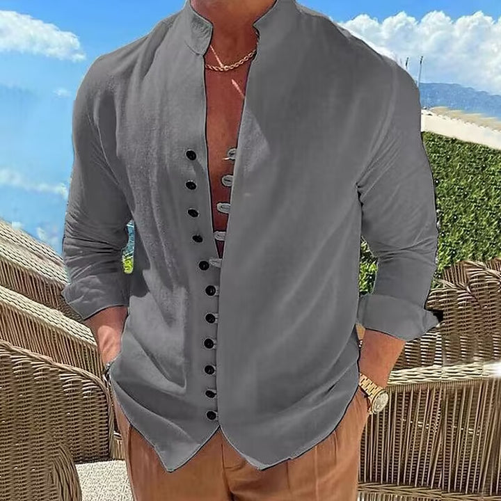 Men's long-sleeve shirt with stylish button placket and casual stand-up collar Lisslune