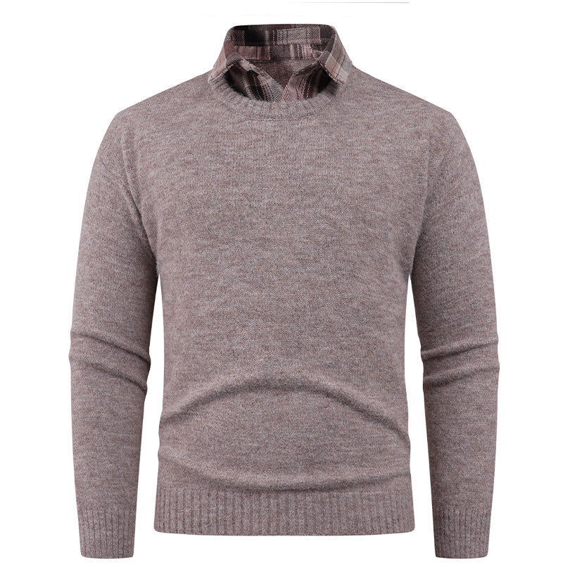 Men's Fine Crew Neck Sweater with Integrated Shirt Collar Lisslune