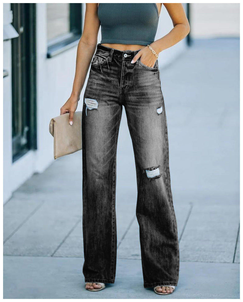 Women's wide-cut jeans with distressed effects and high waist