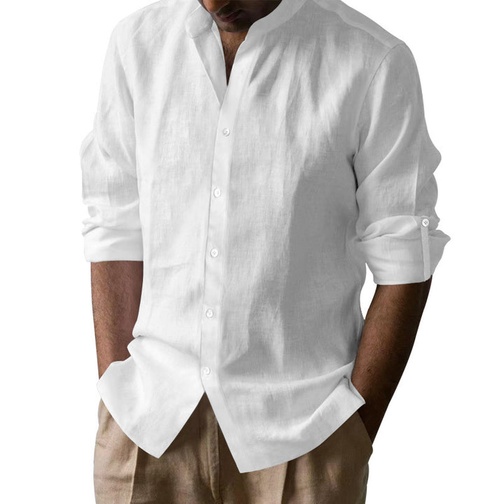 Men's long sleeve shirt with modern stand-up collar and breathable cotton texture Lisslune