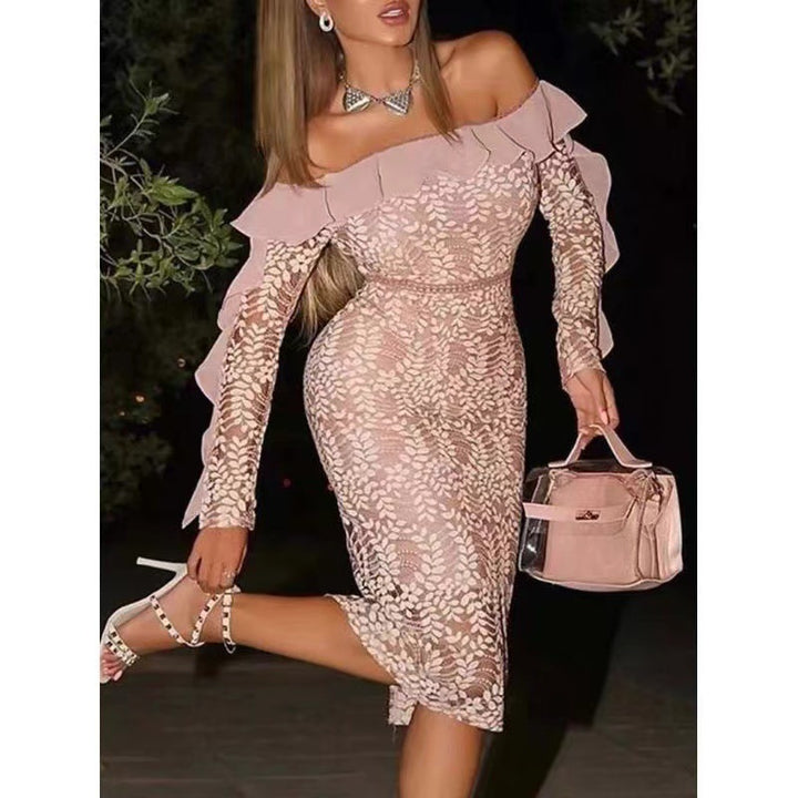 Ladies Off-Shoulder Lace Dress with Ruffle Details and Figure-Hugging Cut Lisslune