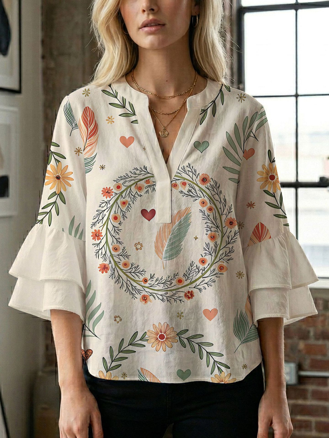 Women's blouse with voluminous wing sleeves and intense leaf pattern Lisslune