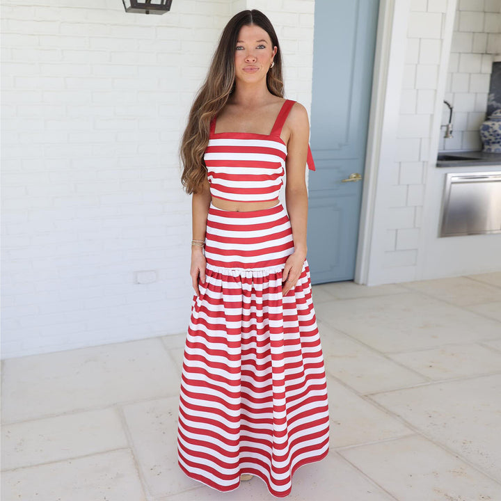 Women's Two-Piece Striped Top and Maxi Skirt Set with Playful Ruffle Detail Lisslune
