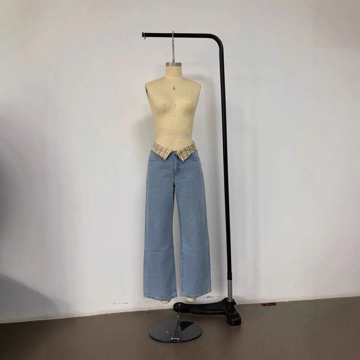 Damen Weite Jeans mit kariertem Bund Lisslune