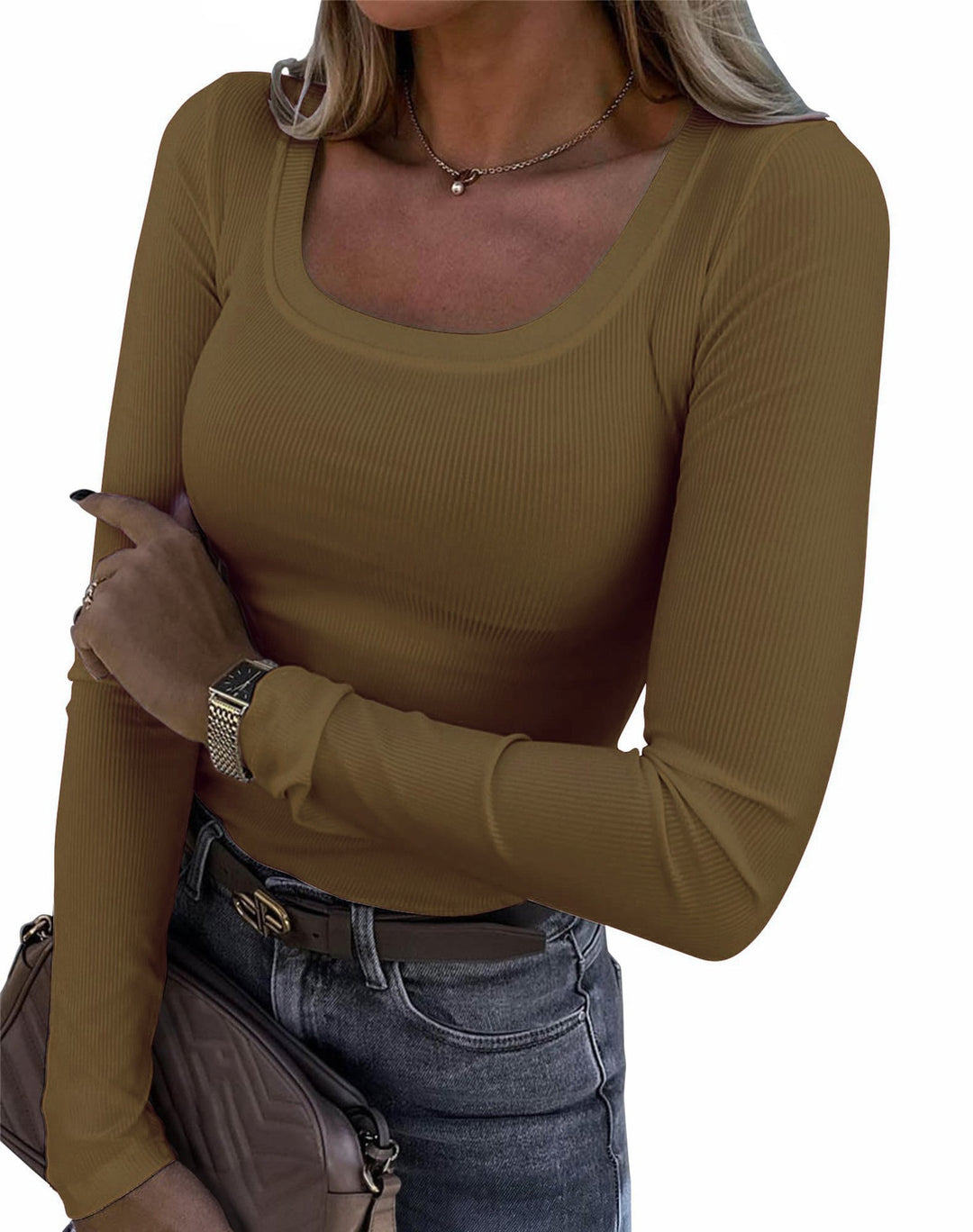 Women’s Long Sleeve Ribbed T-Shirt with Elegant Boat Neck Lisslune