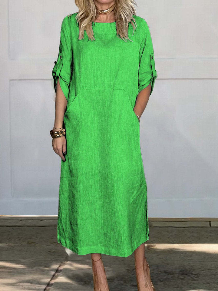 Women's Casual Linen Midi Dress with Side Pockets and Roll-Up Sleeves Lisslune