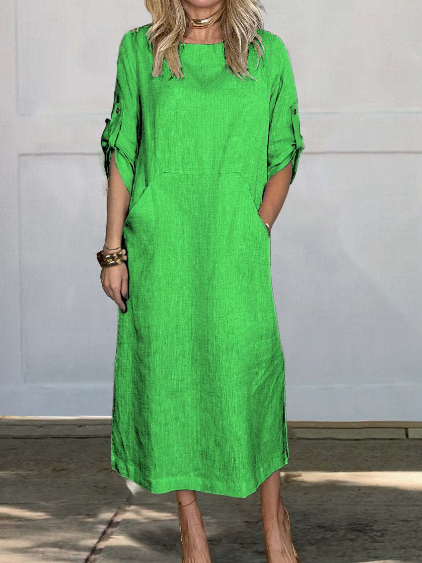 Women Casual Linen Midi Dress with Side Pockets and Roll-Up Sleeves Lisslune