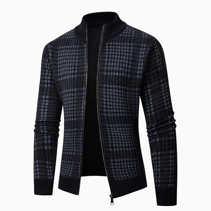 Men's fashionable cardigan with modern check pattern and high collar Lisslune