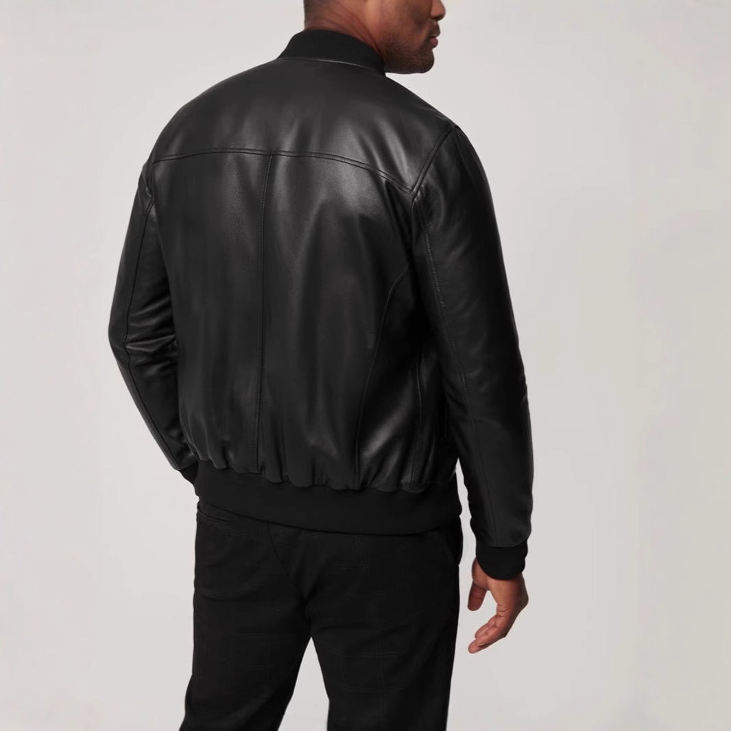Men's Synthetic Leather Bomber Jacket with Elastic Cuffs Lisslune