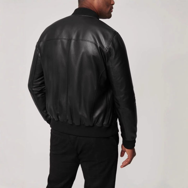 Men's Synthetic Leather Bomber Jacket with Elastic Cuffs Lisslune