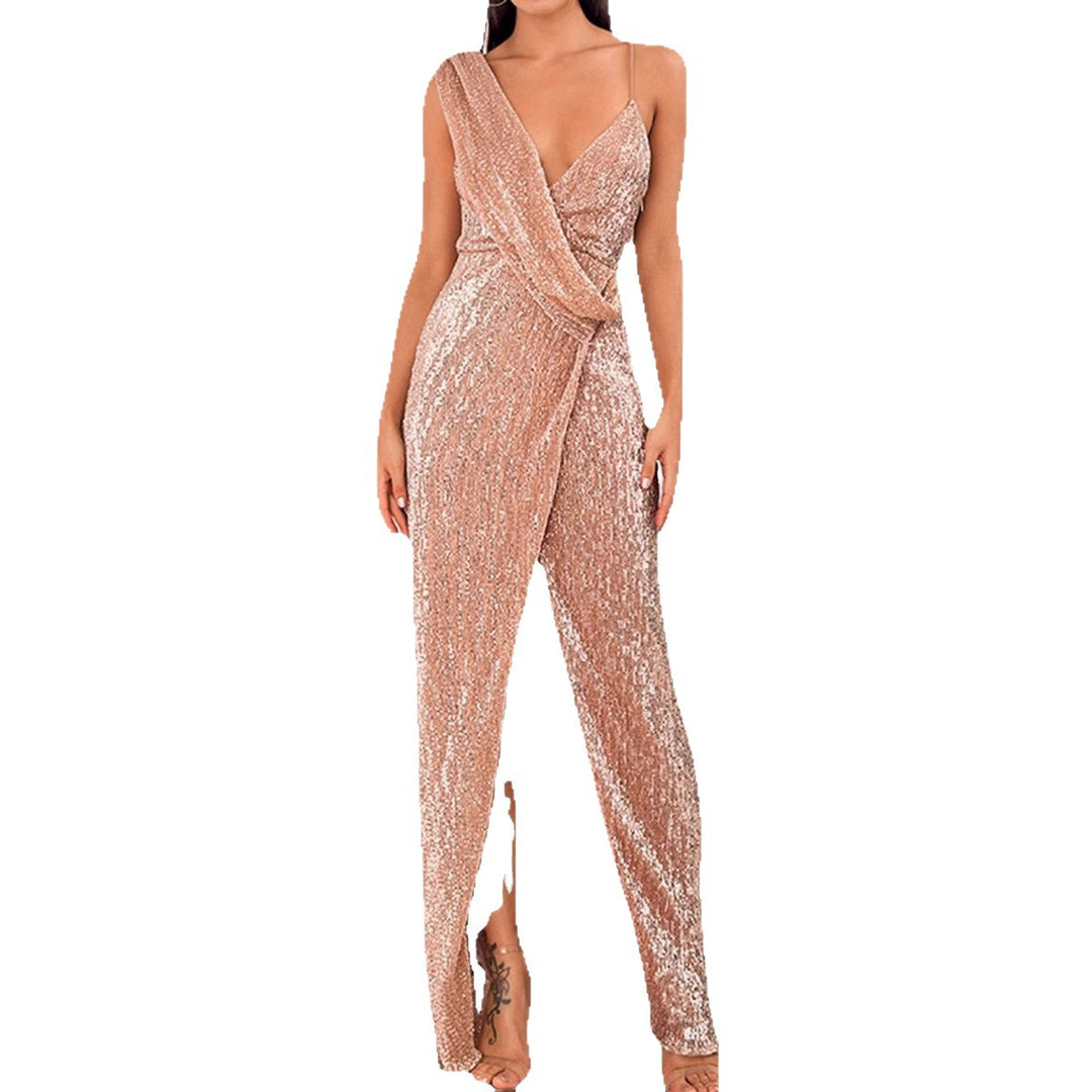 Ladies glittering evening dress with wrap look and high slit